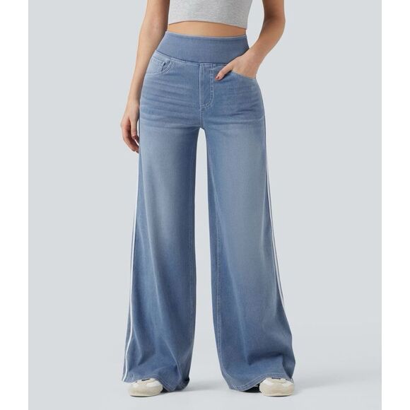 Halara Stretchy High Waisted Wide Leg Stripe Jeans Lightweight Powder Blue S NWT - Picture 3 of 15